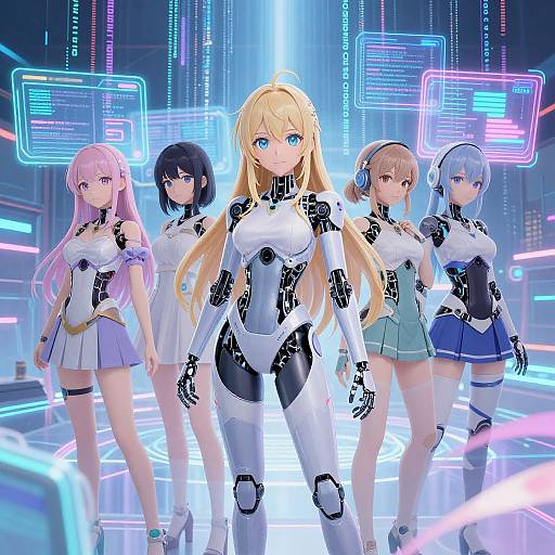 Digital anime-style artwork of five cybernetic girls with glowing blue eyes, white and black bodysuits, standing in a futuristic neon-lit room