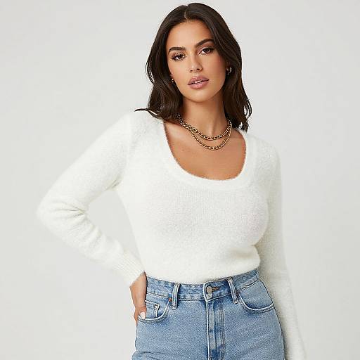 Photograph of a dark-haired woman with fair skin, wearing a white fluffy sweater, gold necklace, and high-waisted blue jeans, standing against