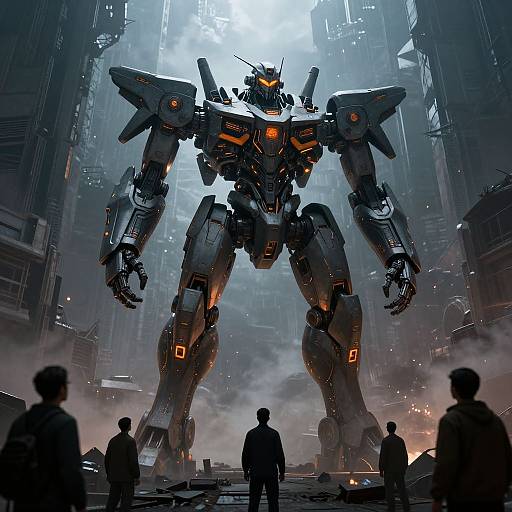 Digital art: massive, glowing-orange-eyed mecha robot towers over a smoky, industrial cityscape, with silhouetted figures gazing up