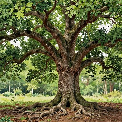 Photograph of a large, gnarled tree with sprawling branches and thick, exposed roots, set in a lush, green forest clearing.