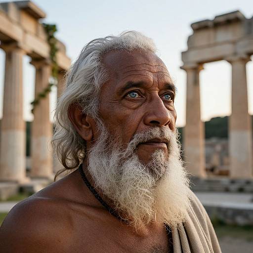 Photograph of an elderly, shirtless man with a long white beard, deep wrinkles, and intense blue eyes, standing in front of ancient Roman columns