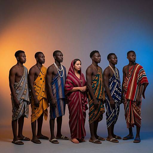 Photograph of six African men and one woman standing in a line, wearing traditional colorful dashikis and kente cloth, against a gradient orange-blue