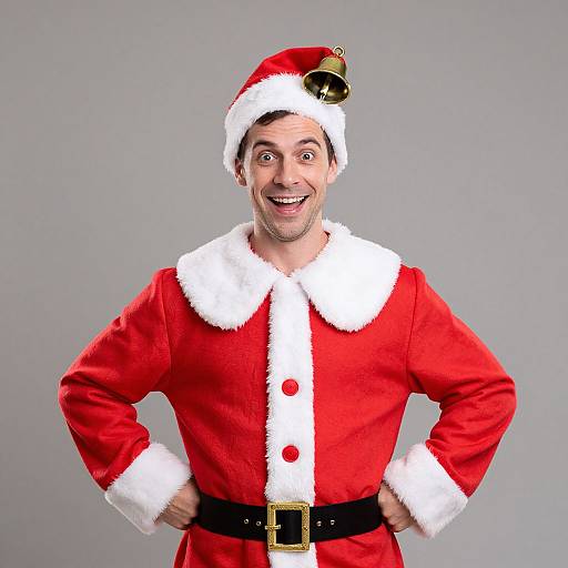Photograph of a smiling man in a red Santa suit with white fur trim, black belt, and Santa hat, standing against a plain gray background.