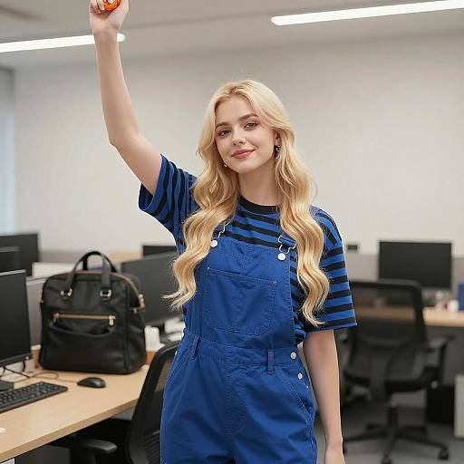 Young Woman Holding Orange Object in Office