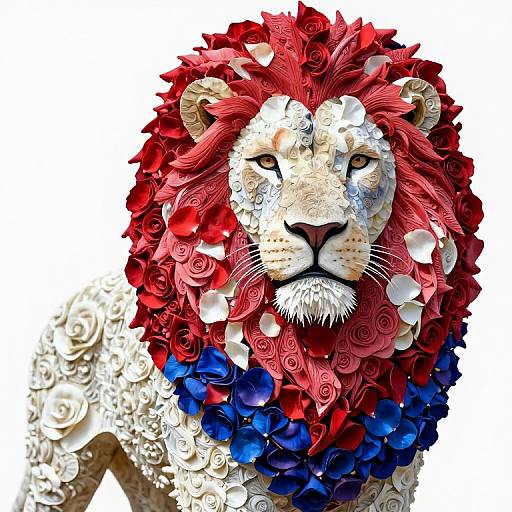 Photorealistic digital art of a majestic lion adorned with vibrant red, white, and blue roses, creating a colorful, regal mane.
