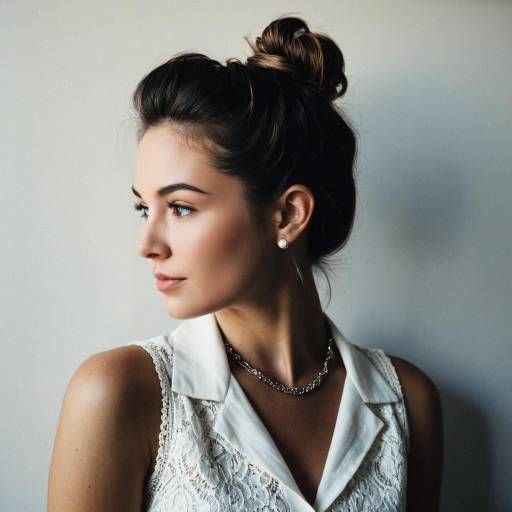 Young Woman with High Bun and White Lace Blouse Young Woman with High Bun and White Lace Blouse