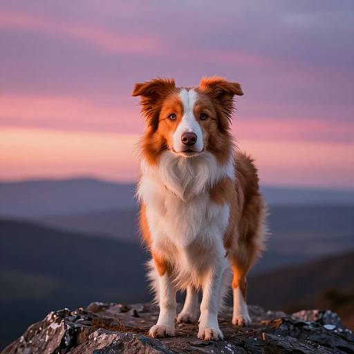 Photograph of a brown and white Border Collie with fluffy fur standing on a rocky mountain peak at sunset, with a pink and purple sky in the