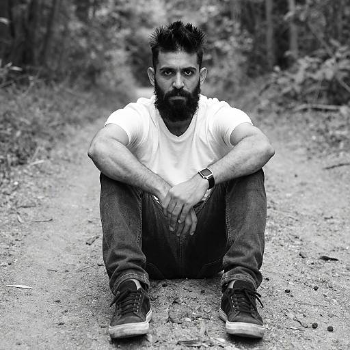 Black-and-white photograph of a bearded man with spiked hair, sitting on a dirt path, wearing a white t-shirt, jeans, and sneakers,