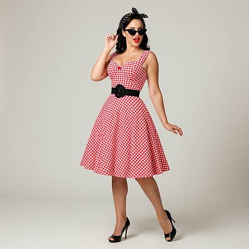Photograph of a curvy woman with fair skin, red checkered dress, black belt, black high heels, and sunglasses, posing confidently.