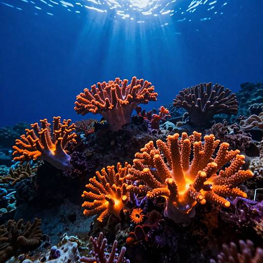Photograph of vibrant orange coral with spiky textures illuminated by sunlight filtering through deep blue underwater ocean.