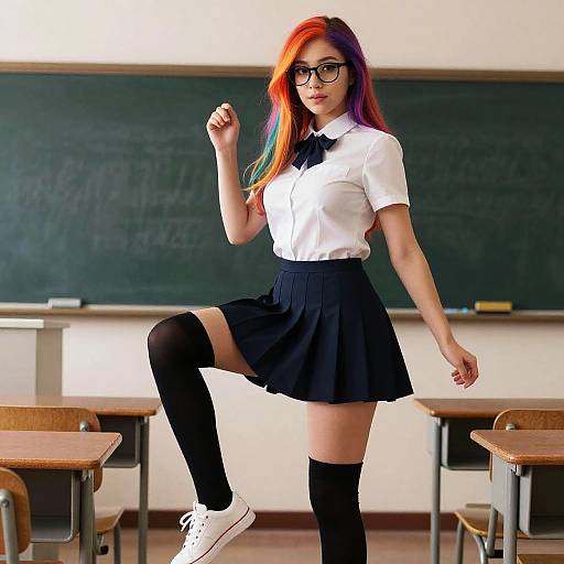 Photograph of a young woman with red and purple hair, glasses, white shirt, black bowtie, skirt, thigh-high socks, and white sneakers