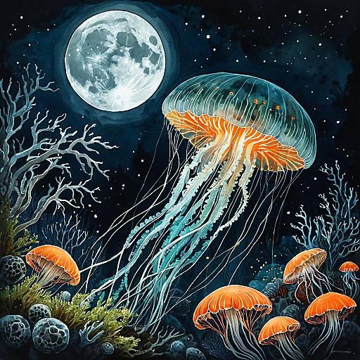 Ethereal Jellyfish Under Moonlit Coral