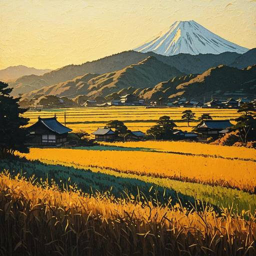 Golden Hour in Japanese Countryside Impressionist Painting