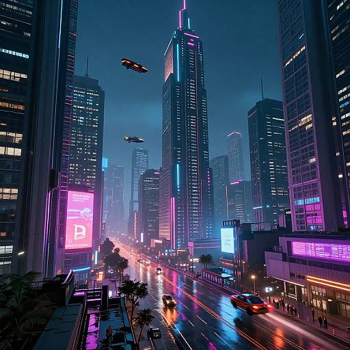 Neon-lit futuristic cityscape at night, high-rise buildings with glowing signs, flying drones, busy streets with colorful light reflections, CGI art style