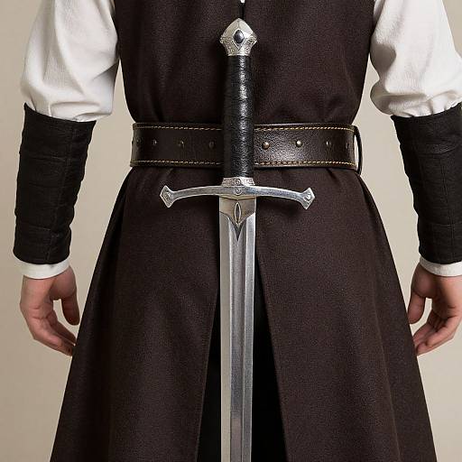 Photograph of a medieval knight's back, showing a silver sword with a diamond-shaped pommel, black leather belt, and white sleeves with black