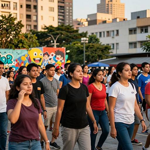 Photograph of diverse, casually dressed young adults walking in an urban park, with colorful graffiti and tall buildings in the background at sunset.
