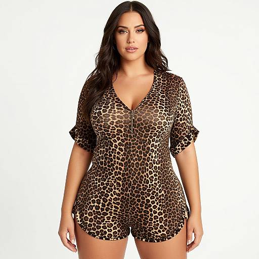 Photograph of a confident woman with long black hair wearing a tight, V-neck, leopard-print romper, standing against a white background.