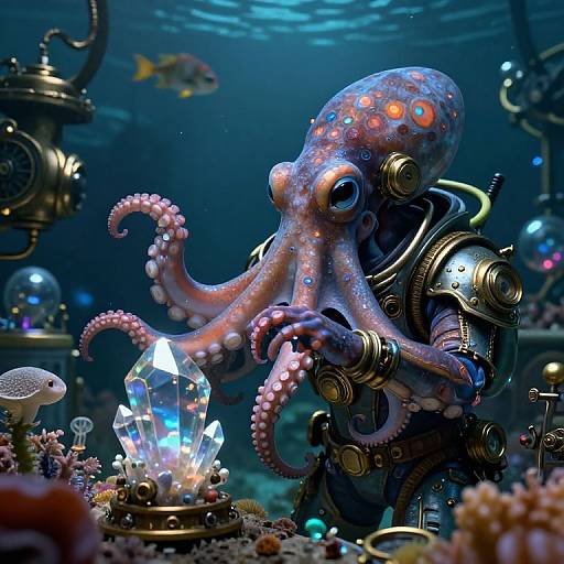 Photorealistic digital art of a glowing octopus with colorful spots and metallic limbs, interacting with a crystal lamp in an underwater steampunk scene,