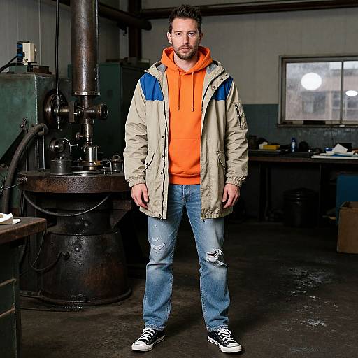 Man in Retro Workwear Industrial Setting