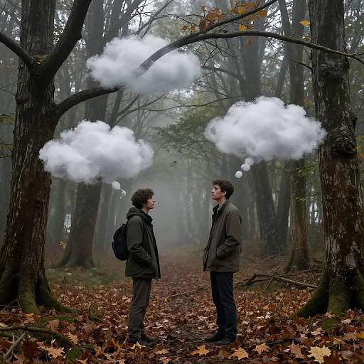 Photograph of two men in forest, standing on brown leaf-covered ground, wearing jackets, with thought clouds above their heads.