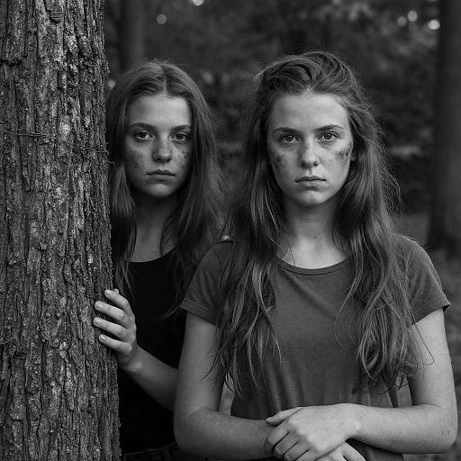 Black and white portrait of two young women in forest