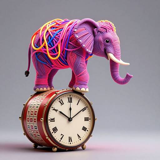 Colorful 3D elephant with neon threads stands on a vintage clock, blending vibrant art and timekeeping in a studio setting.