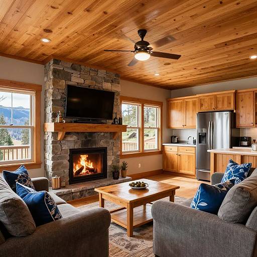 Cozy wooden cabin living room with stone fireplace, blazing fire, wooden ceiling, two gray sofas, blue pillows, wooden coffee table, kitchen appliances,