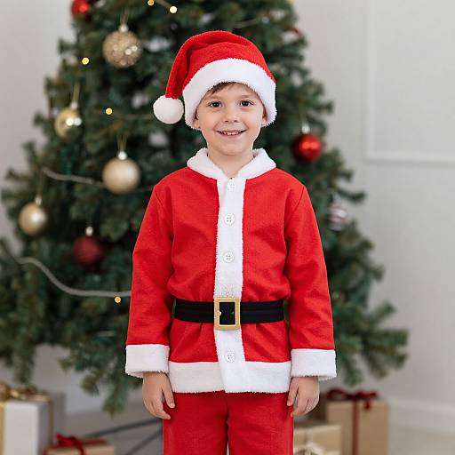 Photograph of a smiling young boy in a red Santa suit with white trim, black belt, and hat, standing in front of a decorated Christmas tree