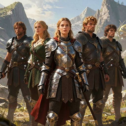 Photorealistic CGI of four medieval warriors standing in a mountainous landscape, featuring a blonde woman in shiny silver armor, flanked by three bearded