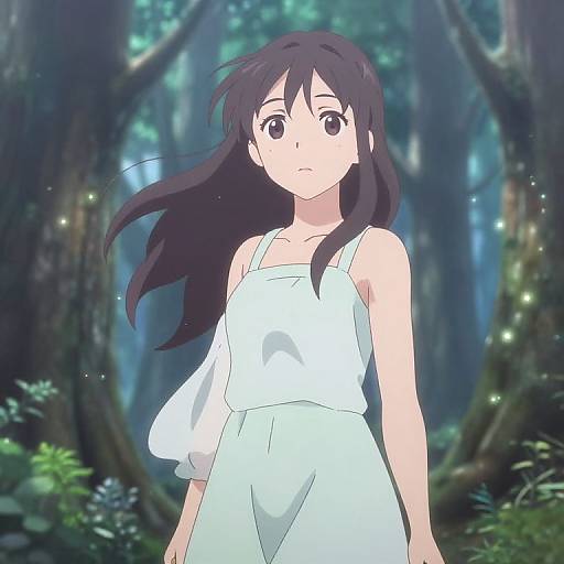 Anime-style digital drawing of a young woman with long black hair, wearing a white sundress, standing in a mystical, illuminated forest.