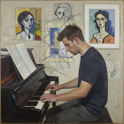 Photograph-style painting: A bearded man in a black shirt plays piano, surrounded by four portraits and abstract sketches on a beige wall.