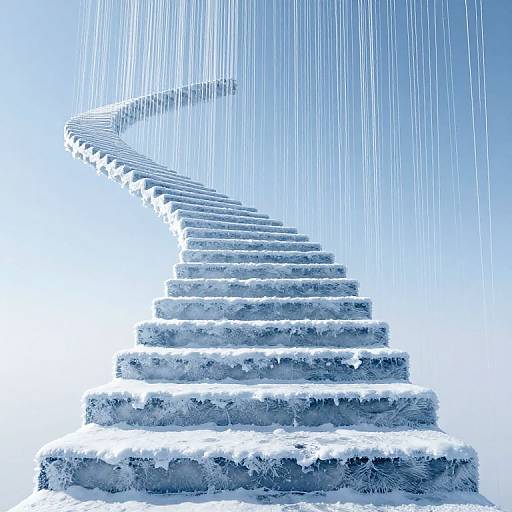 Photograph of a snow-covered stone staircase with icy steps, viewed from below, with vertical lines of falling snow in the background.