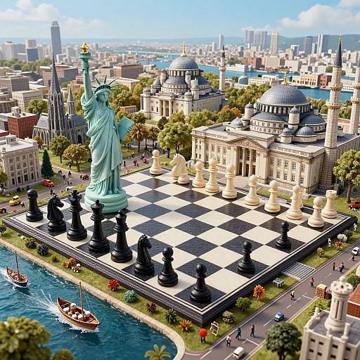 Photorealistic CGI image of a giant chessboard with black and white pieces in front of the Statue of Liberty and neoclassical buildings, overlooking