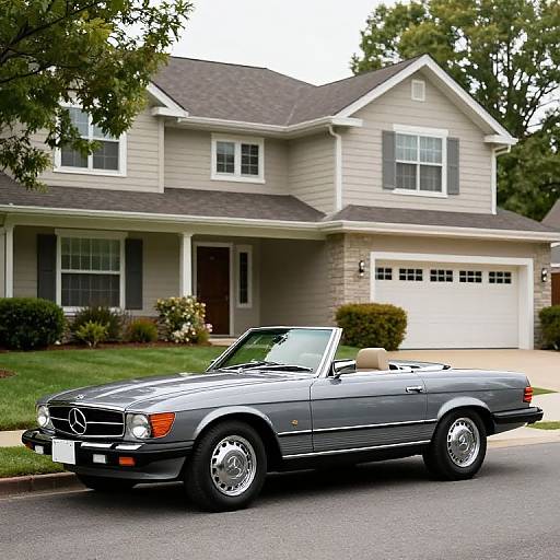Photograph of a sleek, black Mercedes-Benz convertible parked in front of a two-story, beige suburban house with a gray shingle roof.