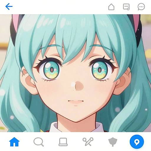 Anime-style digital drawing of a young girl with large, shimmering turquoise eyes, light blue hair, and pink cat ears, against a blurred background,