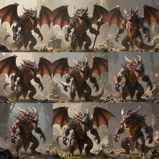 Digital CGI of a dark, dragon-like creature with red wings, sharp horns, and spiked armor in various dynamic poses, set against a misty,