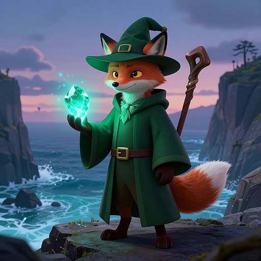 CGI digital artwork of a cute, orange-furred fox wizard in a green robe and hat, conjuring blue magical fire, standing on a rocky