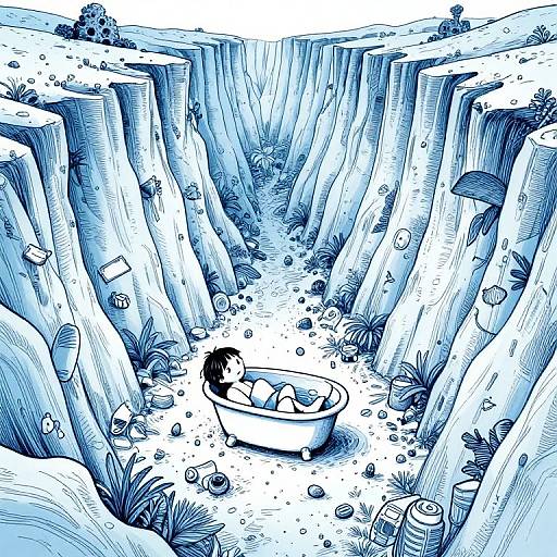 Digital illustration of a person in a bathtub, surrounded by towering, blue-toned cliffs with plants and debris, in a surreal, canyon-like setting.