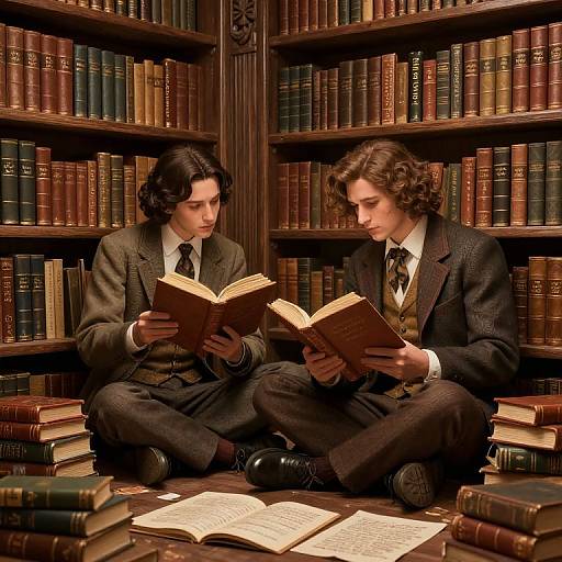 Photograph of two young men with wavy brown hair, dressed in vintage brown suits, sitting cross-legged on a library floor, reading books among tall