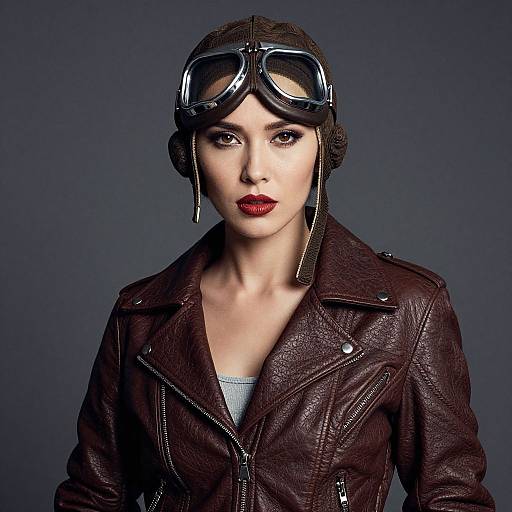 Photograph of a pale-skinned woman with red lipstick, wearing black aviator goggles, a brown leather jacket, and a dark headscarf against