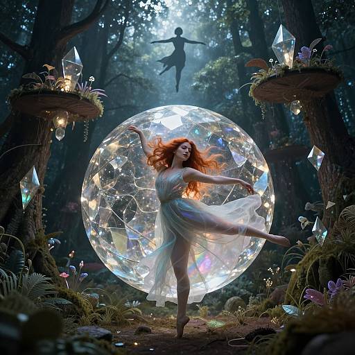 Digital fantasy artwork: Red-haired woman in flowing white dress inside glowing crystal sphere, forest backdrop, glowing crystals, ethereal fairy silhouette above.