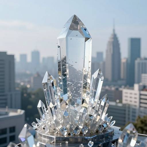 Photograph of a towering, clear, faceted crystal sculpture with sharp points, set against a blurred urban cityscape with skyscrapers.