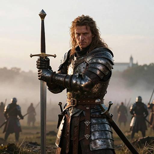 Photograph-style CGI of a rugged, long-haired man in medieval armor holding a sword, standing in a misty battlefield with fellow armored warriors in the