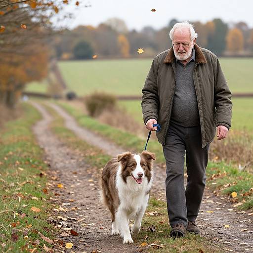 Photograph of an elderly white man with a white beard, wearing a dark jacket and gray sweater, walking a brown and white Border Collie on a