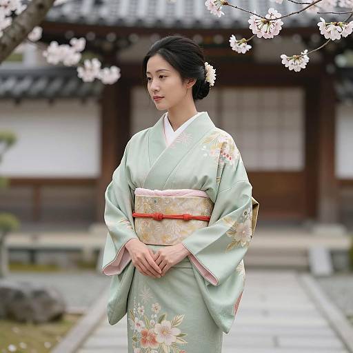 Asian Woman in Light Green Kimono with Cherry Blossoms