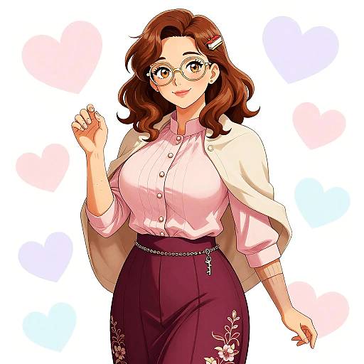 Anime Mature Librarian with Glasses and Floral Skirt