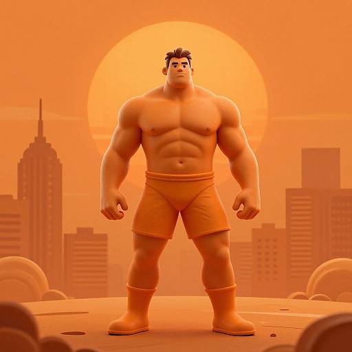 CGI image of a muscular, shirtless man in orange shorts and boots, standing confidently on a rooftop at sunset, with city skyscrapers in