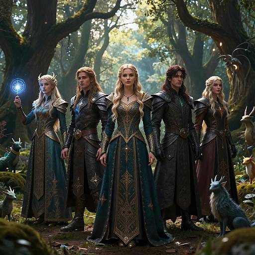 Photograph-style CGI of four fantasy elves in elaborate dark armor and intricate robes, standing in a sunlit forest with ethereal creatures and glowing blue orb