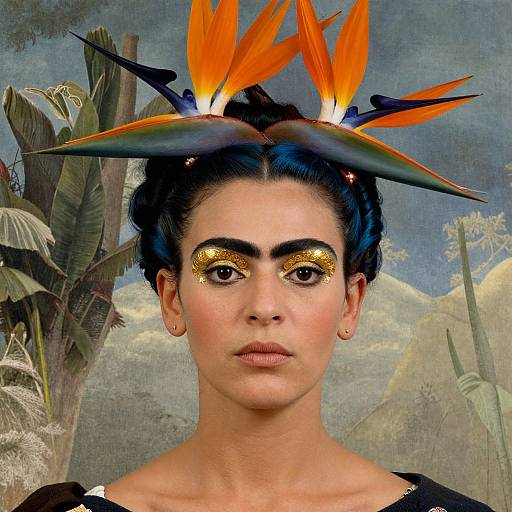 Photograph of a woman with dark hair, golden eye shadow, and a vibrant orange and black bird headdress, set against a tropical background.
