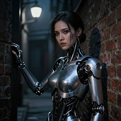 CGI image of a beautiful, dark-haired woman with a metallic, robotic body standing in a dimly lit, narrow alleyway beside a brick wall